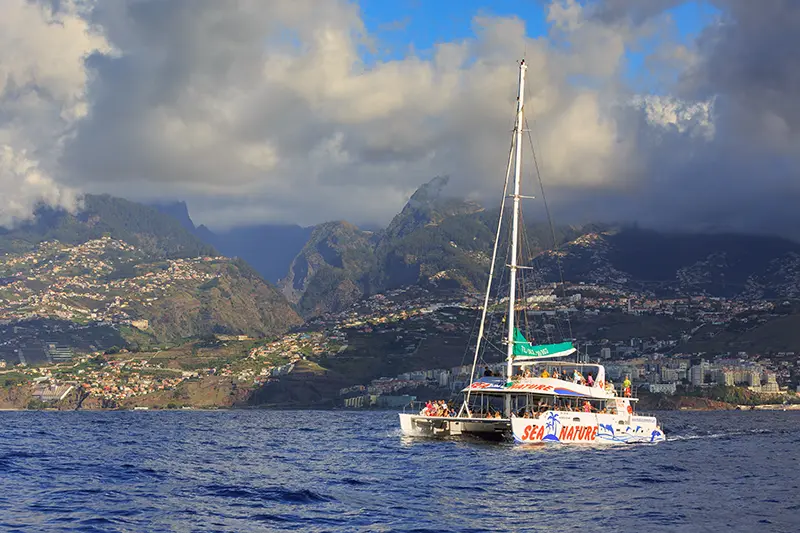 Yacht sailing on Atlantic Ocean during sunset